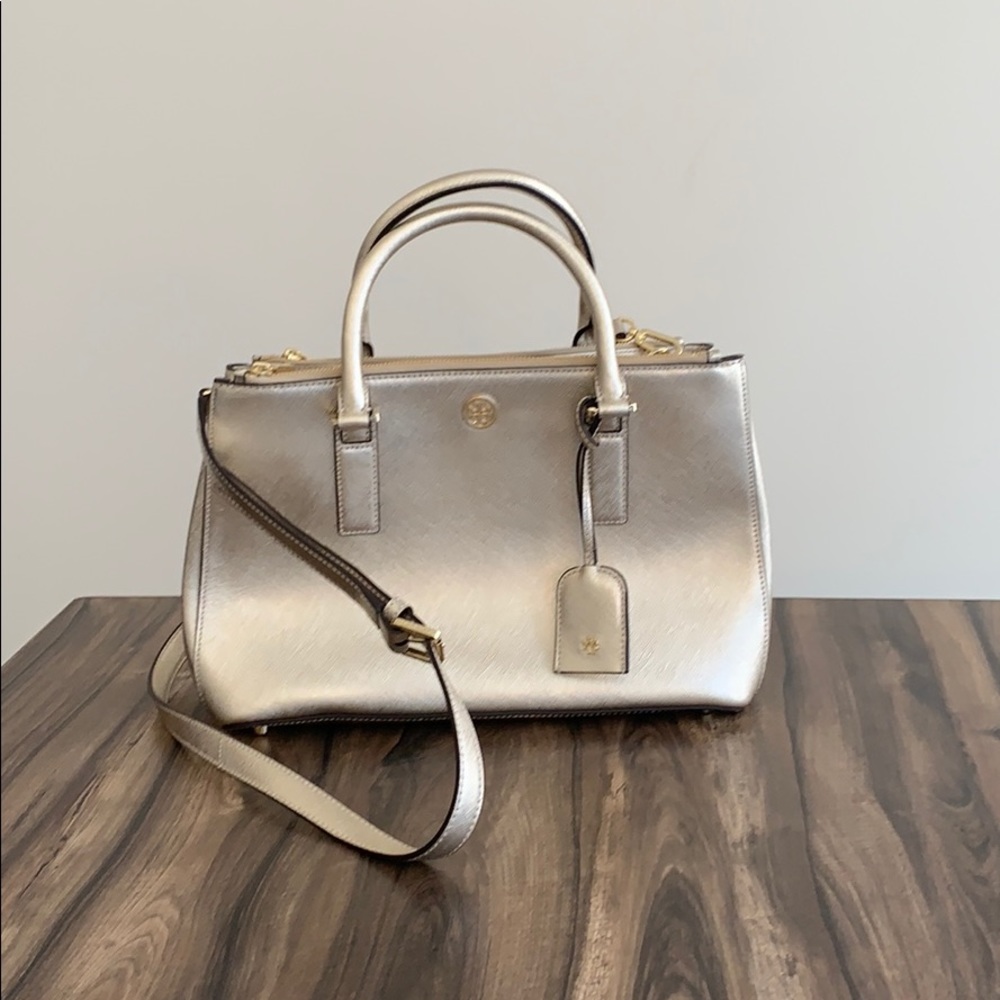 Tory Burch double-zip gold saffiano leather tote